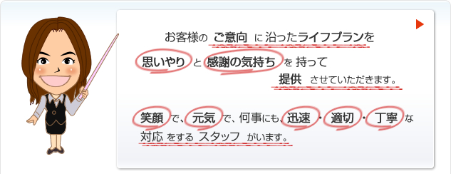 サンミーナはお客様のご意向に沿ったライフプランを思いやりと感謝の気持ちを持って提供させていただきます。